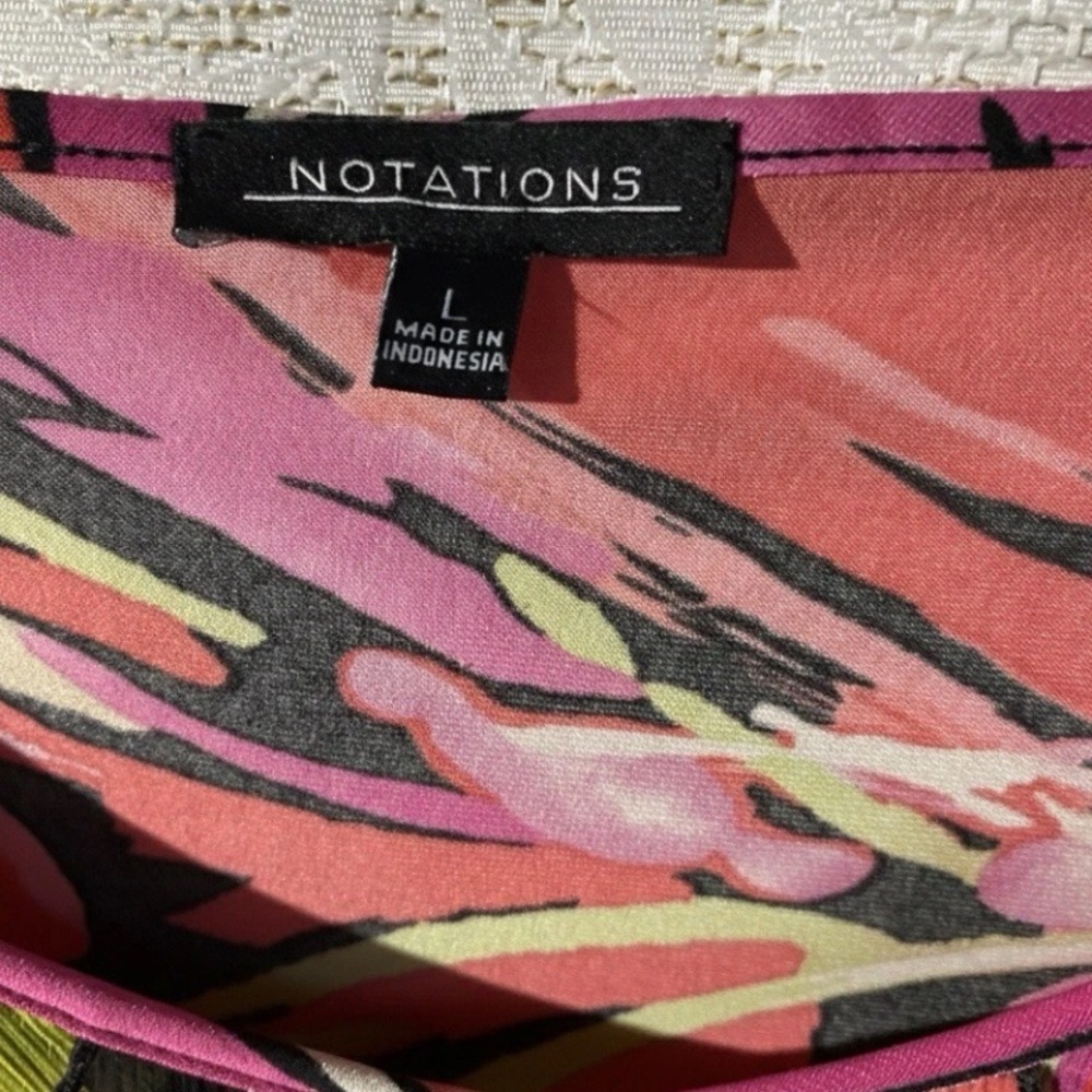 Notations Black Floral Ruffle Front Short Sleeve Top with Pink and Coral Flowers - Picture 3 of 3